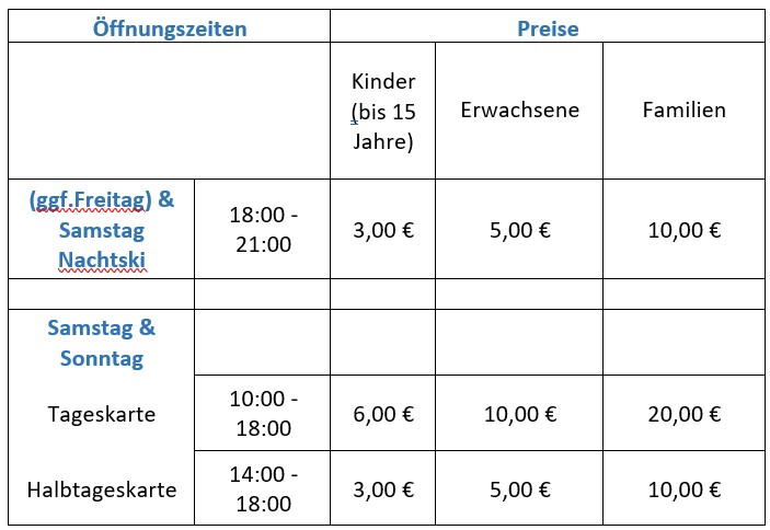 Preise und &Ouml;ffnungszeiten